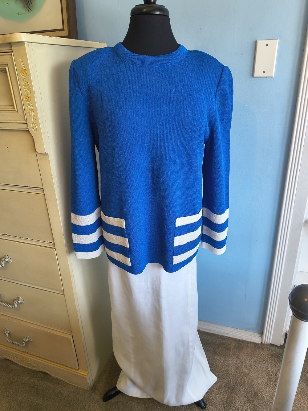 Vtg. Poly Blue Knit Top Nautical White Stripes Front Pockets & Shoulder Pads!